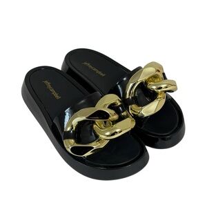 Jeffrey Campbell Epirus Slide Sandal in Black with Chunky Gold Buckle - Size 8.5